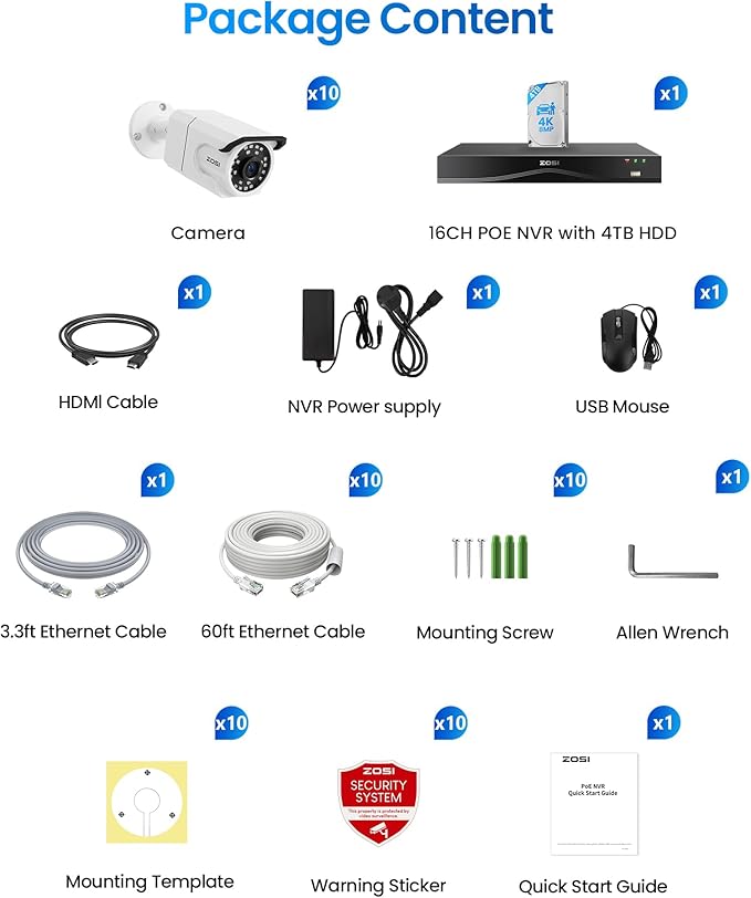 ZOSI 4K PoE Security Camera System with 4TB HDD,10pcs 8MP Outdoor PoE Cameras,People Counting,Person/Vehicle Detection,One-Way Audio,Dual Disk Backup,8MP/4K 16 Port 32CH NVR for 24/7 Recording