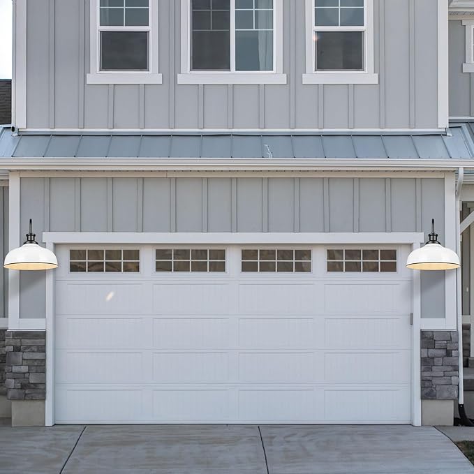 Outdoor Gooseneck Barn Lights, 14 Inch Dome Outdoor Wall Sconce Farmhouse Exterior Wall Mount Light Vintage Wall Lighting Fixture Industrial Wall Lantern for Porch, Entryway, Garage, RZ007M-2 WH