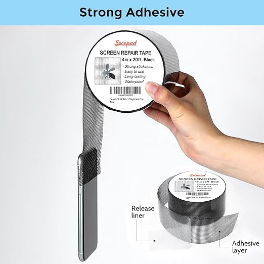Black Window Screen Repair Tape, 4 in X 20 FT (240IN) Kit for Windows or Doors, Strong Adhesive Patch Fiberglass Mesh Repair