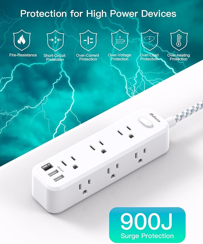 Mifaso Extension Cord, Surge Protector Power Strip, Long Extension Cord with 9 Outlets 3 USB Ports, Extension Cord with Multiple Outlets, USB Power Strip for Dorm Room Essentials, College(10FT, White)