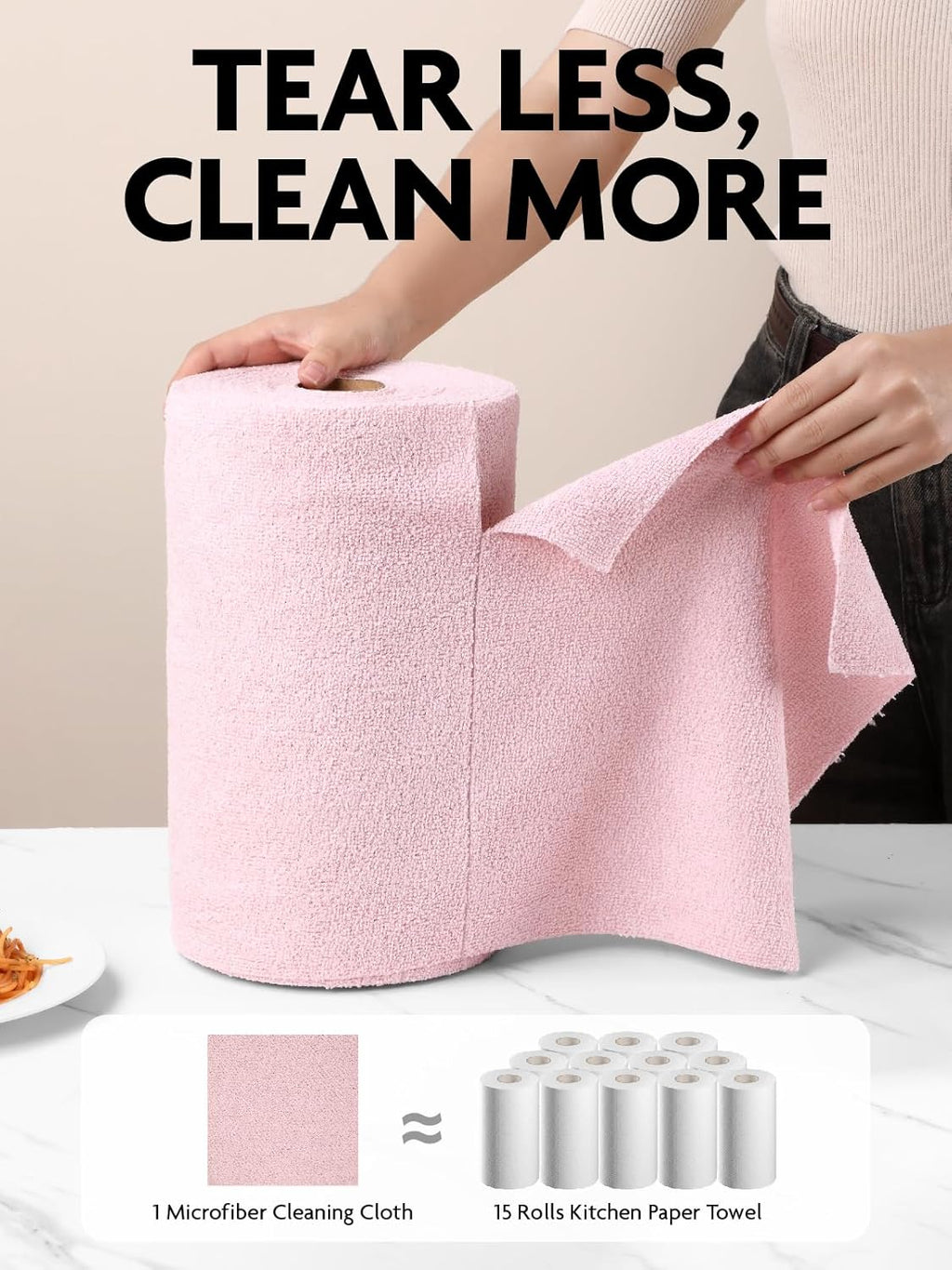 Fantasticlean Microfiber Cleaning Cloth Roll -150 Pack, Tear Away Microfiber Towels, 12" x 12", Reusable, Washable, Ultra Absorbent Dishcloth for Home Supplies, Car, Pet, Kitchen (Pink & Lavender)