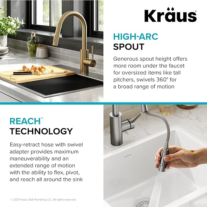 KRAUS Oletto Single Handle Pull Down Kitchen Faucet with QuickDock Top Mount Installation Assembly in Spot Free Antique Champagne Bronze, KPF-2620SFACB