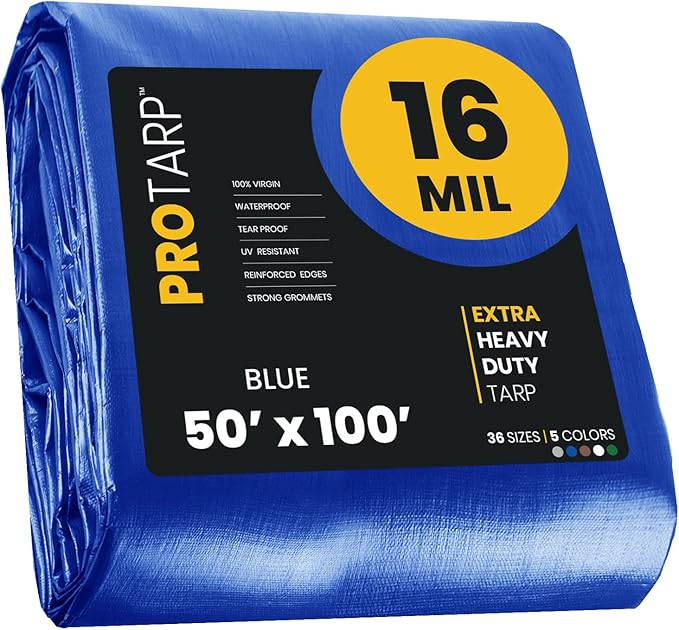 PROTARP Extra Heavy Duty 16 Mil Tarp Cover, Waterproof, UV Resistant, Rip and Tear Proof, Poly Tarpaulin with Reinforced Edges for Roof, Camping, Patio, Pool, Boat. (Blue 50′ X 100′)