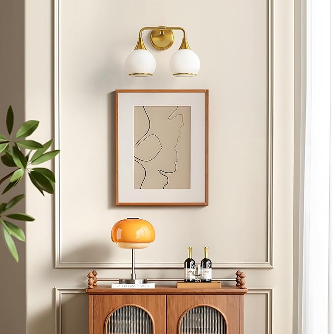 Brushed Gold Bathroom Light Fixtures 2-Lights Vanity Lights with Milky White Frosted Glass Shade Bathroom Vanity Light 14 inch Wall Sconce Lighting Bath(Exclude E26 Bulb)