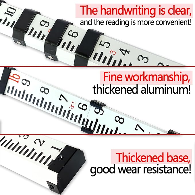 Grade Rod，16-Foot Aluminum Grade Rod - 10ths，Grade Stick,Grade Stick for Laser Level，Survey Rod，Grade Rods，Survey Pole，With Bubble Level, 5-Stage Telescopic，Double-Sided Scale Telescopic Leveling Rod