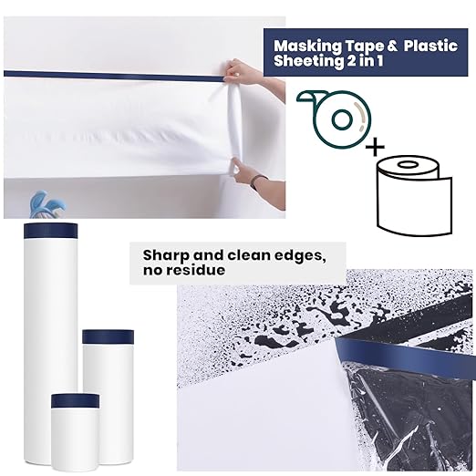 ADHES Painters Plastic with Tape, 24 inch x 90 feet x 3 Rolls Painters Tape with Plastic Attached, Pre Taped Masking Film Tape and Drape for Automotive Painting Covering