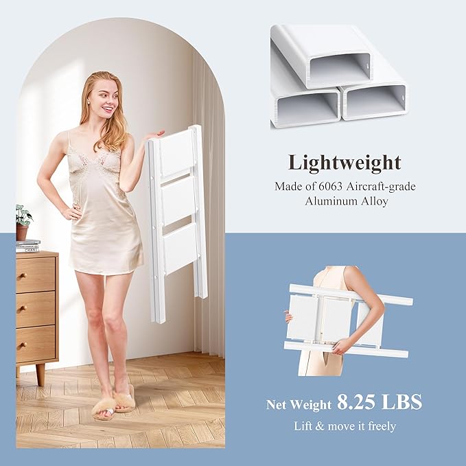 GameGem 3 Step Ladder, Folding Step Stool with Wider Pedal, Anti-Slip Feet & Non Slip Stripes, Aluminum Sturdy Material, 300Lbs Capacity, Elegant Look of Modern White Better Matches Your Home