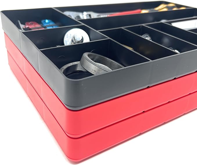 MLTOOLS Tool Drawer Organizer Tray - 10-Compartment Home & Garage Tool Tray - Stackable Workbench Toolbox Organization Holder for Small Parts, Batteries, Supplies - Made in The USA - OT10R Red