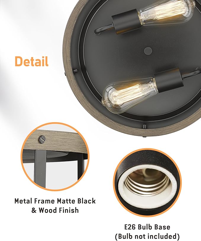 EAPUDUN Farmhouse Flush Mount Ceiling Light, 13" Imitation Wood 2-Light Fixture, Retro Style Lamp for Hallway, Entryway, Bedroom, Kitchen, Dining Room (FMA1138-FBDT)