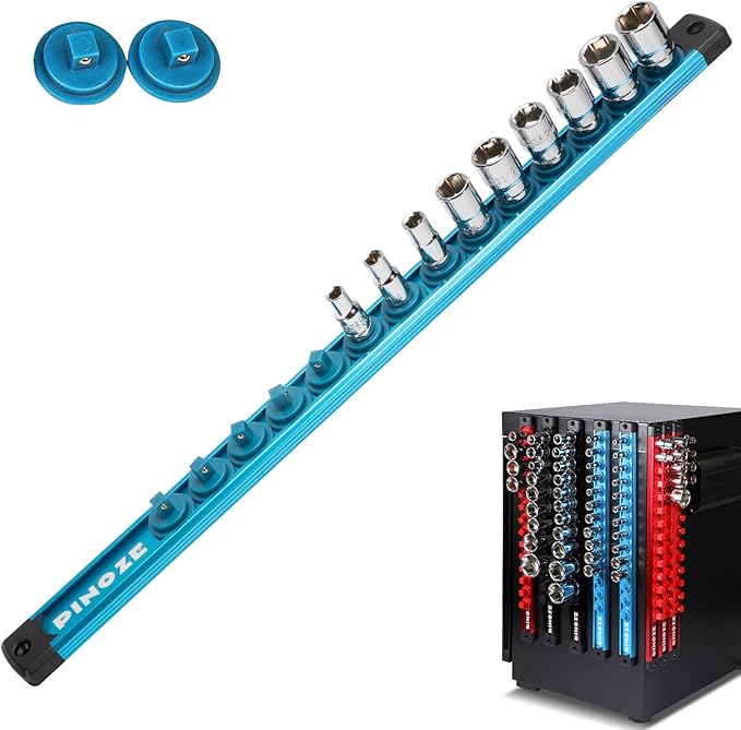 1/4" Magnetic Socket Holder Organizer - Aluminum Alloy Socket Rail Tray for Tool Box Drawer, Socket Rack with Extra 2Pcs Replacement Clips for Automotive Garage(Blue)