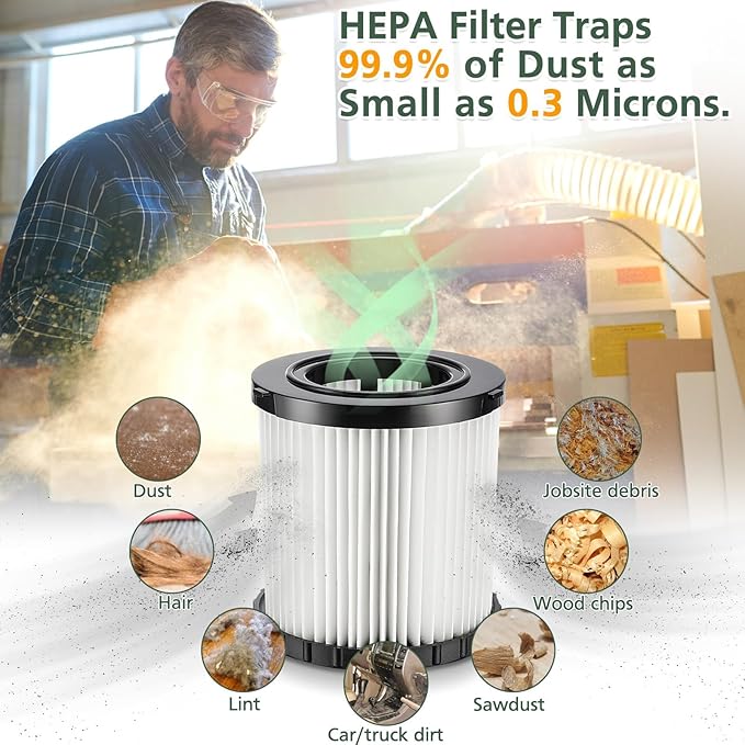 DCV580H DCV581H Vacuum Replacement Filter for DEWALT 20V MAX Wet/Dry VAC DCV580H (Cordless) DCV581H DCV5801H Portable Shop Vac Vacuum 2 Gallon Tank Capacity, Washable and Reusable Hepa Filter, 3 Pack