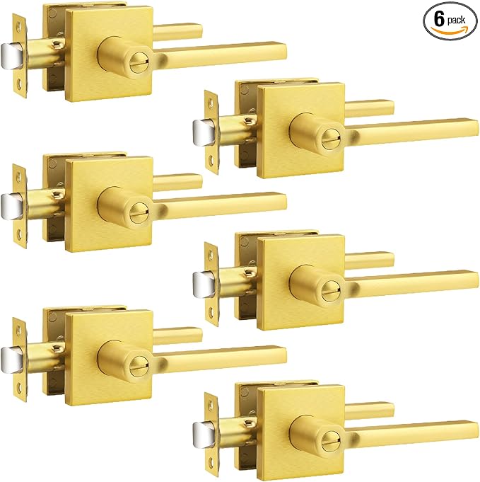 Probrico Gold Privacy Door Handle Lockset Heavy Duty Square Satin Brass Interior Door Lever for Bedroom or Bathroom Reversible Keyless Handleset Door Knob Slim Handed Levers, 6 Pack