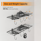 1x3 ft Garage Shelving with 8 Bike Hooks, 2-Pack Wall-Mounted Shelves for Garage, Kitchen, Pantry Storage, 300 lbs Total Load Capacity Garage Wall Shelving, Black