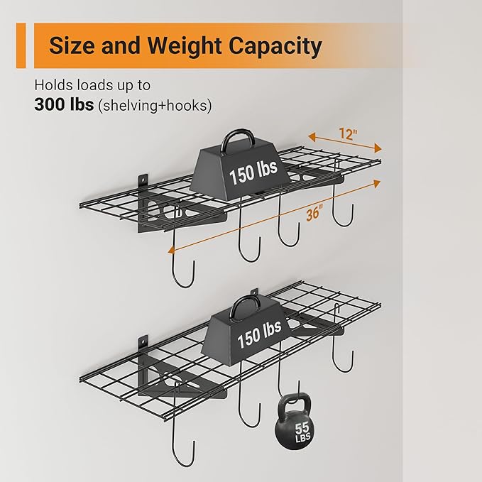1x3 ft Garage Shelving with 8 Bike Hooks, 2-Pack Wall-Mounted Shelves for Garage, Kitchen, Pantry Storage, 300 lbs Total Load Capacity Garage Wall Shelving, Black