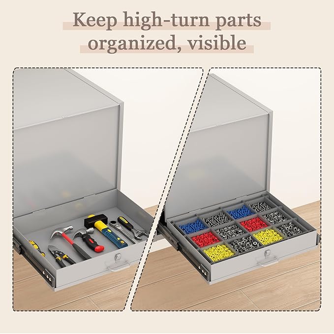Steel Compartment Box Slide Rack, 4 Divider Scoop Boxes, Cold-Rolled Steel, 20" L x 15.75" W x 15" H, Carry-on Tool Box, Gray — Small Parts Organizer for MRO, Shop & Garage