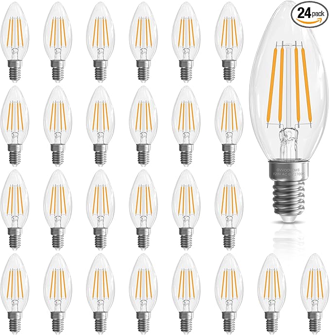 Candelabra Light Bulbs, 6W Equivalent to 60 watt,E12 LED Bulb Non-Dimmable 2700K Soft White, B10 LED Candle Bulbs, Chandelier Light Bulbs, 90+CRI, 600LM, Cear Glass, 24 Pack