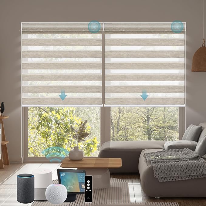 SmartWings Motorized Zebra Blinds with Remote, Smart Control Light Filtering Sheer Shades for Indoor Windows, Electric Customized Automatic Blind, 95mm 60% Blackout Gold