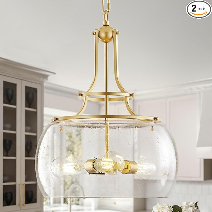 Industrial Round Chandelier Rustic Ceiling Light Fixture 3-Light Farmhouse Pendant Light with Seeded Glass Shade for Dining Room Hallway Entryway Kitchen Bedroom, Gold