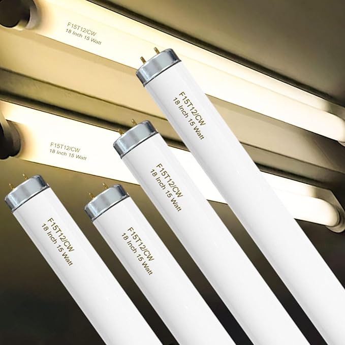 T12 15 Watt Fluorescent Bulb, 18 Inches F15T12/CW Straight Fluorescent Tube, Medium Bi-Pin Base, Cool White 4000K 800 Lumens 4 Pack