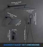 Shower Faucet Set, 10" Wall Mount Rainfall Shower System with 2 Rain Shower Head and Multi-function Handheld Head Push Button Diverter Shower Faucet Trim Kit Matte Black