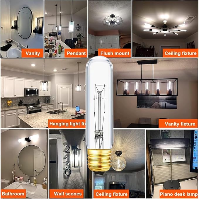 40 Watt T10 Clear Tubular Incandescent Light Bulb, Vintage Style Showcase Bulb,Showcase lamp, 2700K Soft White, E26 Medium Base, 280 Lumens (T-T10-25)