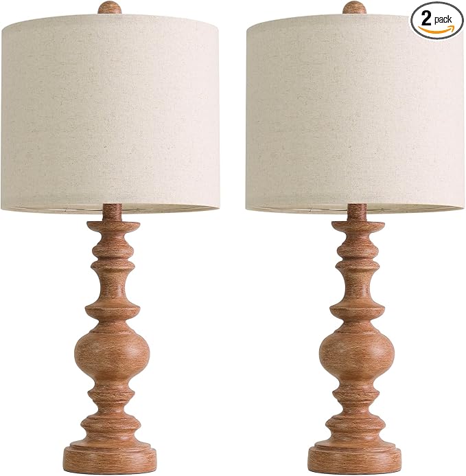 BOBOMOMO 24" Farmhouse Table Lamps Set of 2 – Rustic Light Brown Resin Bedside Lamps with Linen Shades, Medium Size Nightstand Lamps for Bedroom, Living Room, and Entryway, Ideal for Warm, Cozy Spaces