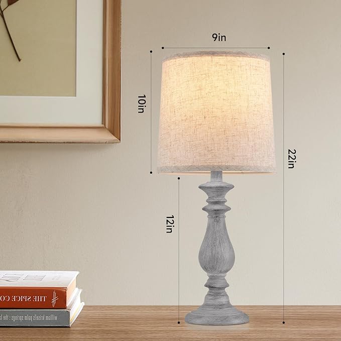 Lamps Set of 2 Vintage Rustic Farmhouse Table Lamps Bedside Reading Lamp Bedroom Nightstand Living Room Teapoy Lamp, Desk Light, 22 Inch High,Light Grey, with Fabric Shade, Bulb Not Included