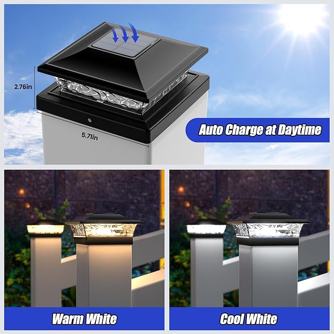 APONUO Solar Post Cap Lights 12 Pack, Waterproof Outdoor LED Deck Lights for 4x4, 5x5, 6x6 Wood Fence & Vinyl Posts, 2 Color Modes (Warm/Cool), All-Night Lighting, Auto On/Off, Patio Garden Yard Decor