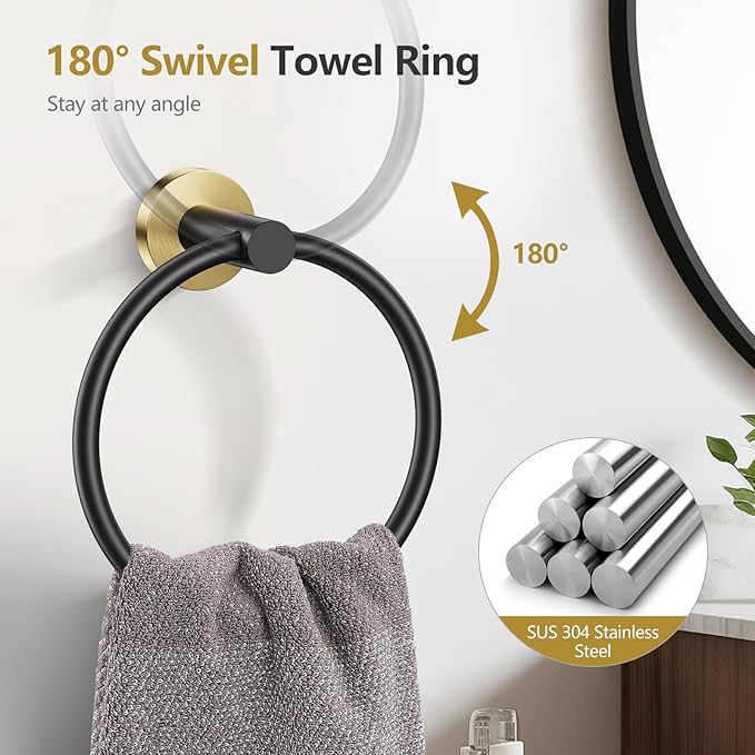 TQKAG Black and Gold 5 Piece Bathroom Hardware Accessories Set 23.6" SUS304 Stainless Steel Bathroom Towel Bar Holder Sets Double Post Pivoting Toilet Paper Holder Set Wall Mounted