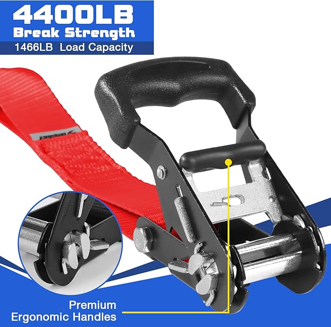 Heavy Duty Ratchet Straps for Trucks 4 PK 4400 LB 1.5" X10'Hold Containers Boat Tie Down Straps for Cargo/Pickup Truck Bed Toolbox Belt Accessories,Moving Furniture,Roof Rack Kayak Load Strap Red
