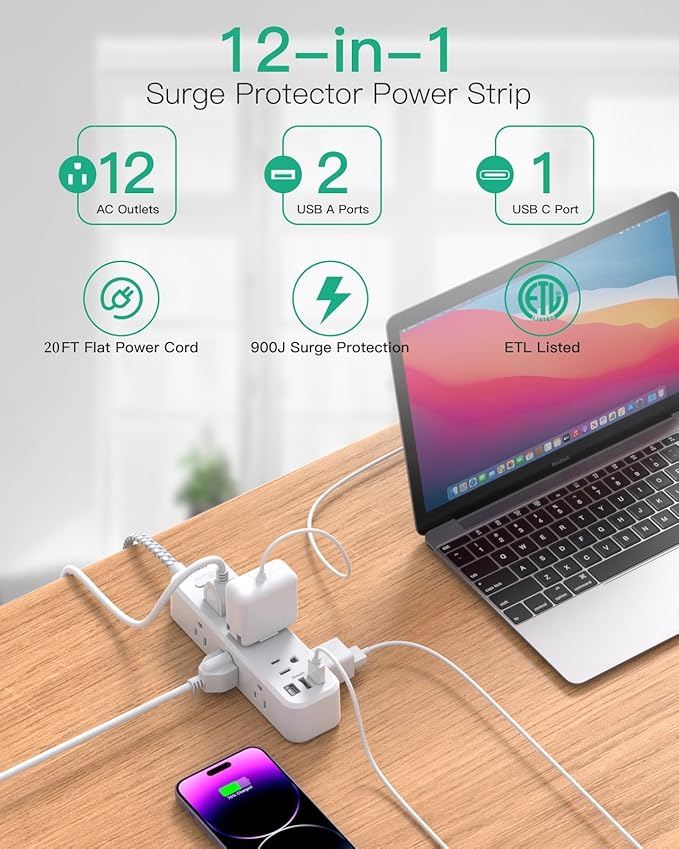 Mifaso Extension Cord, Surge Protector Power Strip, Long Extension Cord with 9 Outlets 3 USB Ports, Extension Cord with Multiple Outlets, USB Power Strip for Dorm Room Essentials, College (20FT,White)