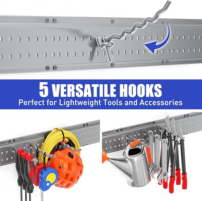Garage Tool Organizer Wall Mount 48 inches with 10 Adjustable Heavy-Duty Hooks, Garage Organization, Garden Tool Storage Rack, Yard, and Shed, Holds Up to 400 lbs (Grey)