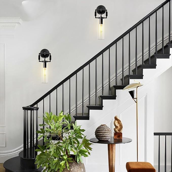 Black Indoor Wall Sconces Set of Two, 15'' knurled Brass Cylinder Sconces, Modern Clear Glass Bathroom Vanity Light, for Living Room, Bedrooms, Hallway, Fireplace, Staircases, Include Bulb