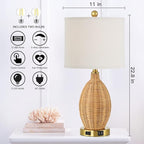 Touch Control Rattan Table Lamps, 3 Way Dimmable Bedside Lamps for Bedroom Set of 2 with 2 USB Ports and AC Outlet, Gold Wicker Nightstand Lamps for Living Room Office (LED Bulbs Included)