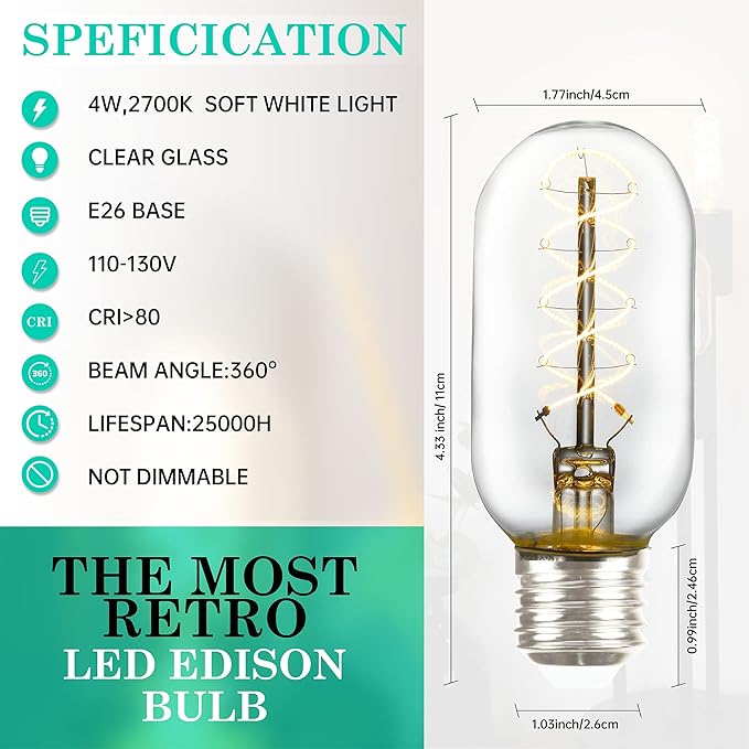 AMDTU Edison Bulbs 40 Watt LED Soft White 2700K, Vintage Super Thin Spiral Filament Non-dimmable, T45 Incandescent Tubular Light Bulb 40W Equivalent, Clear Glass 4W 120V E26 Base, 8 Pack