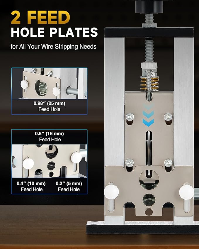 CREWORKS Manual Wire Stripper Machine, 0.06"-0.98" Wire Stripping Machine, Wire Stripping Tool for 1.5-25 mm Scrap Wire Leftover Cable, Copper Wire Stripper with 2 Feed Hole Plates for Power Drill