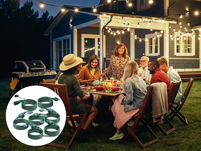50Ft Outdoor Extension Cord Multiple Plugs- Evenly Spaced 6 Outlets Plugs with Safety Cover, 16/3 SJTW Green Outdoor Extension Cord for Landscape, Christmas Tree Lights, Holiday, ETL Listed