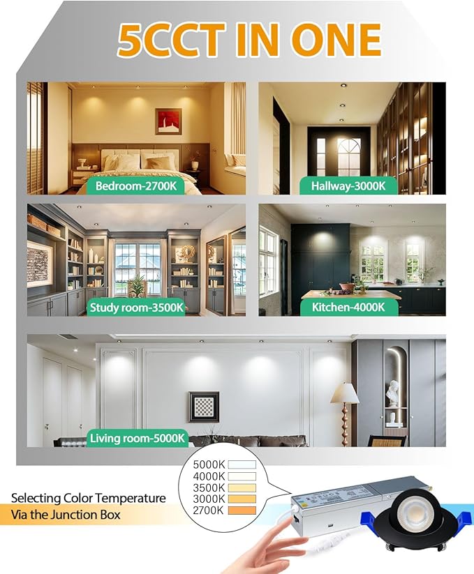 zouzai 2 Inch 5CCT Gimbal Black Led Recessed Lighting with Junction Box, 360°+90° Adjustable Led Recessed Lights, 2700K/3000K/3500K/4000K/5000K, 5W Eqv 50W, 550LM Brightness - ETL (Black, 12 Pack)
