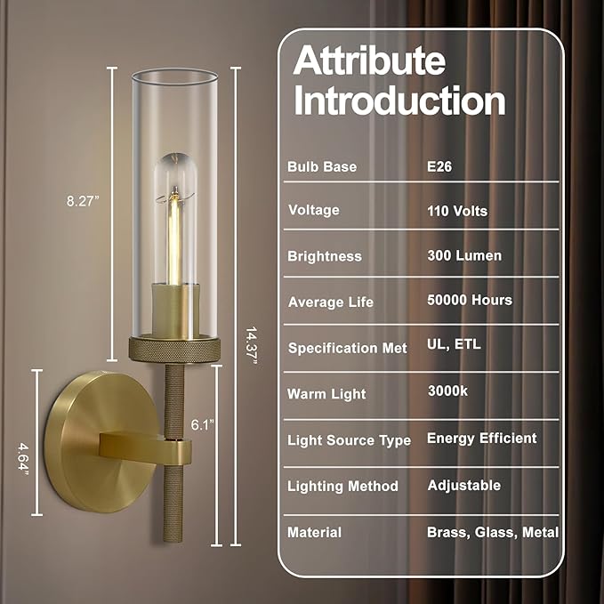 Knurled Wall Sconces Set of Two, Brass Wall Sconce Lights, 14" Gold Bathroom Wall Sconces, Glass Linear Sconce Wall Lighting, Vanity Lights Bathroom Light Fixture Wall Lights for Living Room