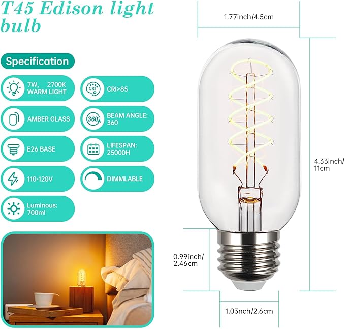 AMDTU Light Bulbs 75 Watt Equivalent, Ultra Filament Spiral LED Edison Bulb 7W, 700 Lumens E26 Base Edison LED Bulbs Dimmable, Soft White 2700K T45 Clear Glass Bulbs, 4 Pack