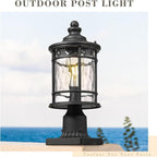 Emliviar Outdoor Post Lighting, 15 Inch Modern Vintage Exterior Pole Lantern for House Garden, Lamp Post Light with Water Ripple Glass, Black Finish, XE229P-WG BK