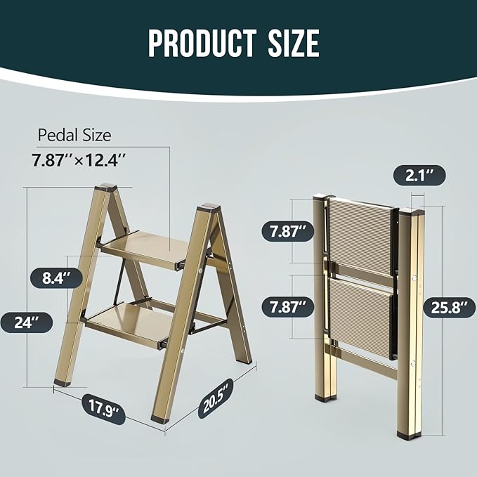 WOA WOA Step Ladder, 2 Step Foldable Step Stool with Widen Pedals, Portable Aluminum Stepladder, Compact Ladder for Space Saving, Home Ladders for Kitchen(300lbs, Gold)