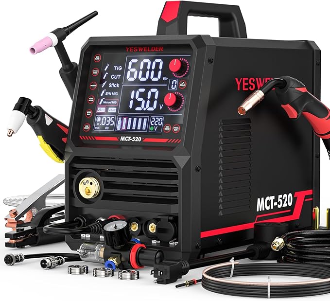YESWELDER Multifunctional Welders Combo&Plasma Cutter, 6-In-1 MIG/Flux Core MIG/CUT/TIG/Stick/Spool Gun Compatible, 200A MIG/TIG/Stick & 50A CUT, 110V/220V MCT-520