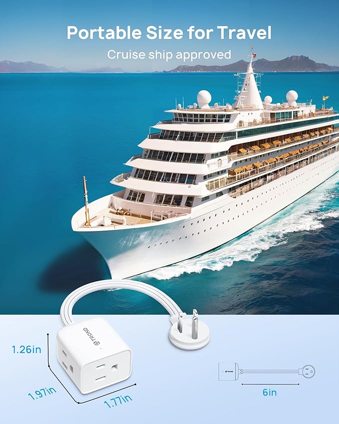 TROND Flat Outlet Extender with 6 Inch Cord for Upside Down Socket, Flat Plug Extension Outlet Splitter Adapter, Electrical 3 Way Wall Plug Extender for Cruise Travel Home Office Dorm Room, White