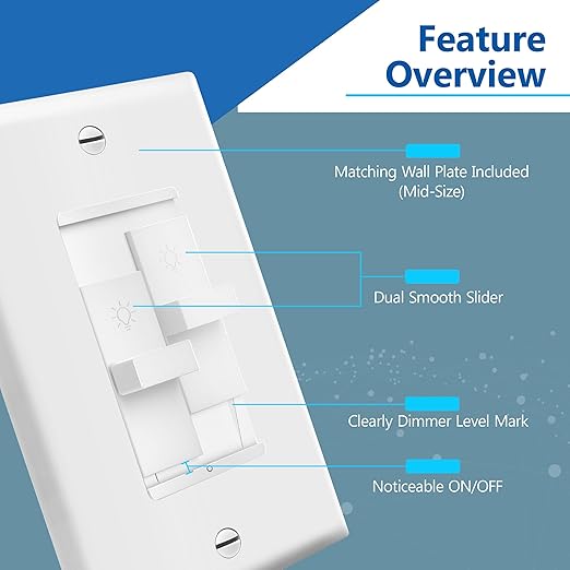 LIDER Combination Dual Dimmer Light Switch Control, 2 Sliding Light Controls, Single Pole, 400W CFL/LED, 600W Incandescent/Halogen Dual Loads Total, UL Listed, Wall Plate Included, White