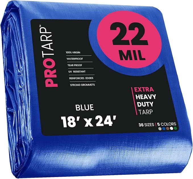 PROTARP Extreme Heavy Duty 22 Mil Tarp Cover, Waterproof, UV Resistant, Rip and Tear Proof, Poly Tarpaulin with Reinforced Edges for Roof, Camping, Patio, Pool, Boat. (Blue 18′ X 24′)