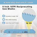 20 Pack 9 Inch 18 Tpi Reciprocating Saw Blades with 8% Cobalt for Longer Life and Faster Cutting Speed, Bi-Metal Sawzall Blades for Sheet Metal, Pipes, PVC Plastic, Profiles Cutting