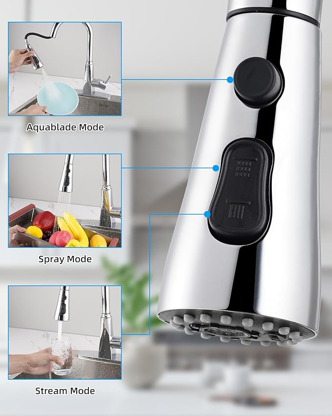 Hibbent Stainless Steel Pull Down Spray Head Replacement with 15 Adapters, NSF/ANSI/CAN 61 & CUPC Certified 3-Function Kitchen Faucet Nozzle, Compatible with Moen, Delta, Kohler Faucet, Chrome