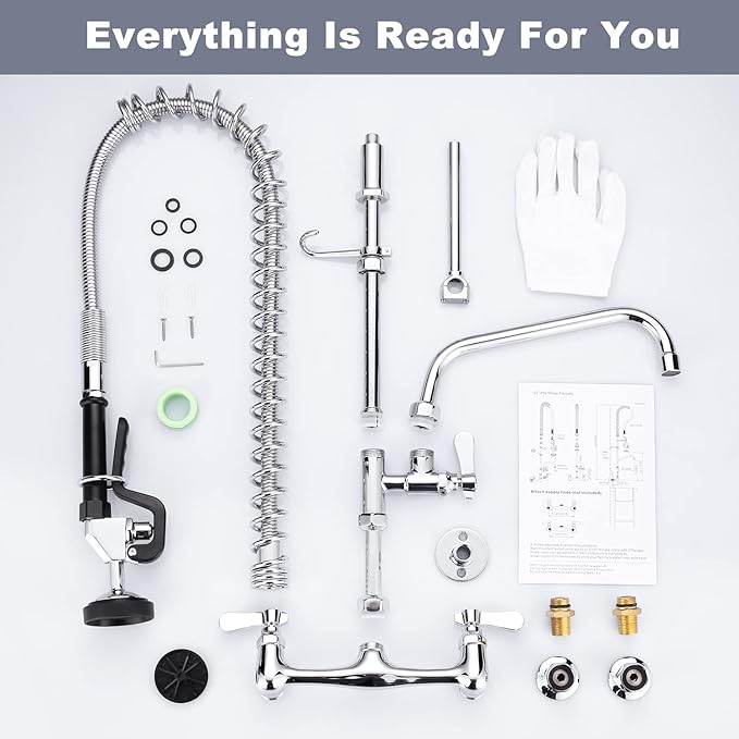 Commercial Kitchen Faucet Wall Mount with Pre-Rinse Sprayer 36" Height Wall Mount Kitchen Sink Faucet 8 Inch Center with 10" Add-on Swing Spout Faucet & Coiled Spring Pull Down Spray