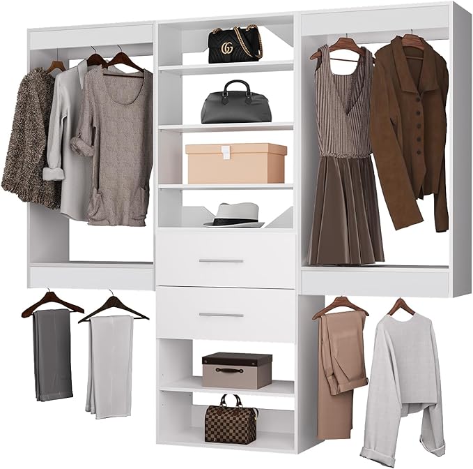 ROOMTEC Modular Closet System, 102" Wall Mounted Closet Organizer with Hanging Rods and Drawers, Wooden Tower for Walk-In Closets, Wardrobe Storage Kit, White